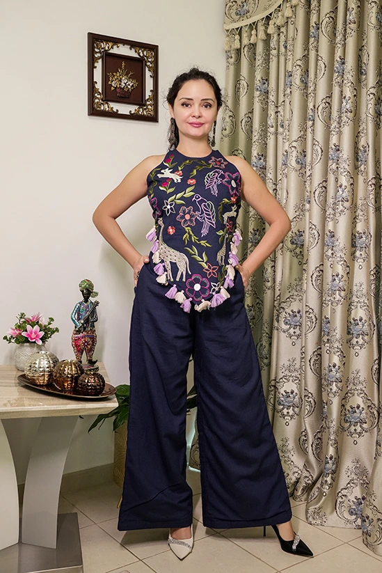 Navy blue halter top with plain wide leg pant